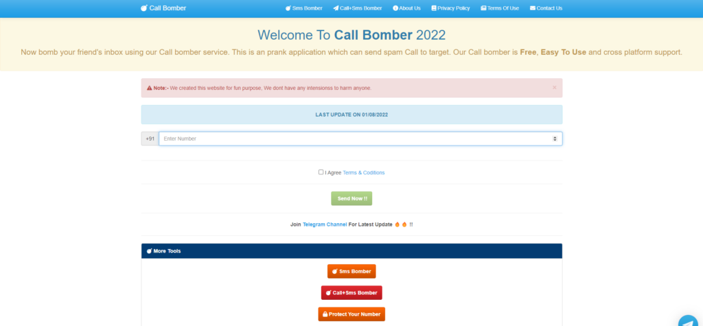 Now bomb your friend's inbox using our Call bomber service. This is an prank application which can send spam Call to target. Our Call bomber is Free, Easy To Use and cross platform support.